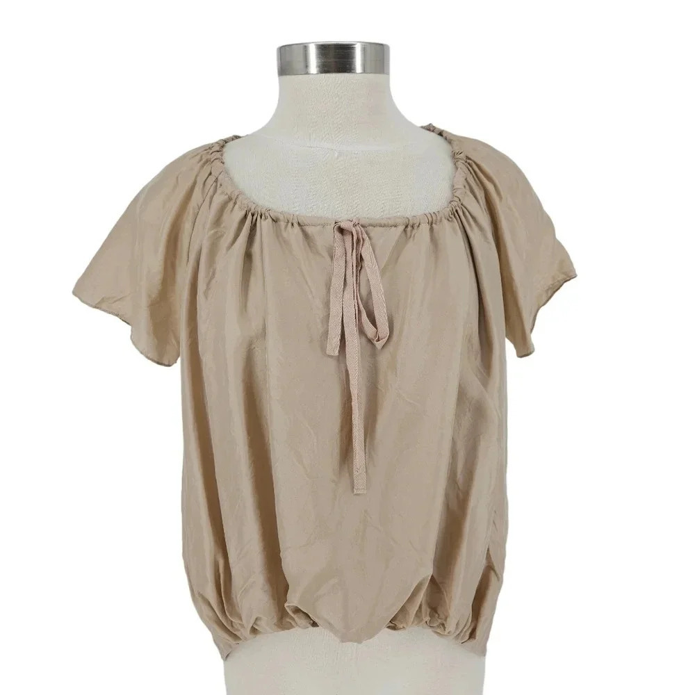 Elizabeth & James HiLo Blouse Silk Camel Brown Short Sleeve Shirt Top